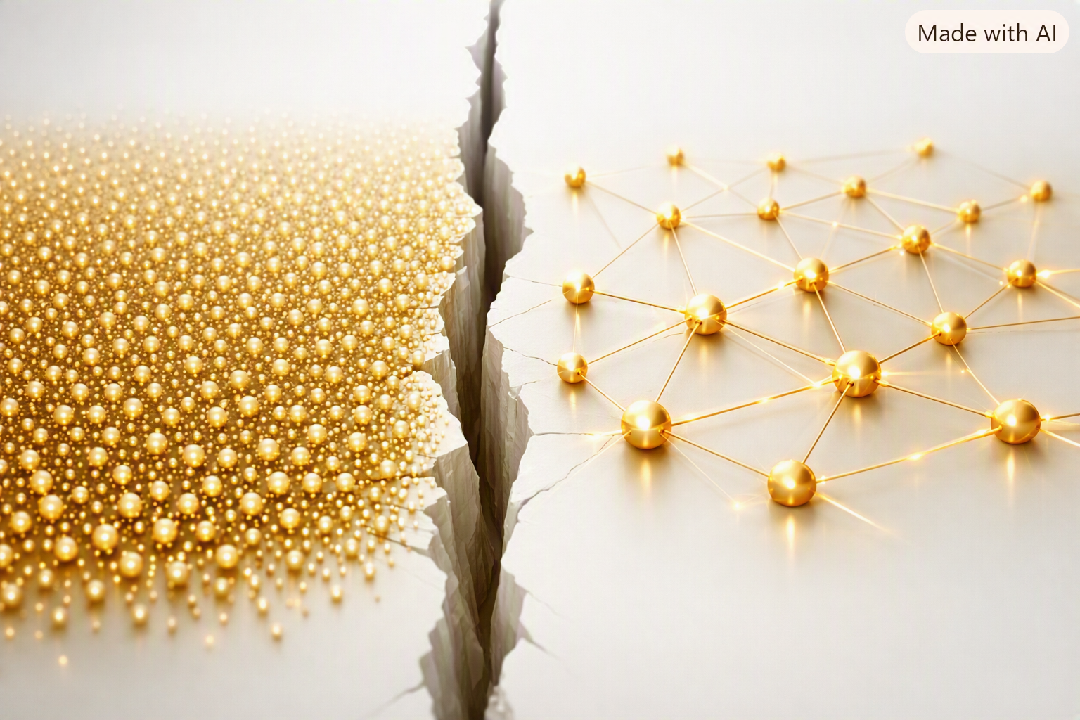 Editorial illustration: a dense mass of unconnected golden nodes facing a connected network, split by a crack.